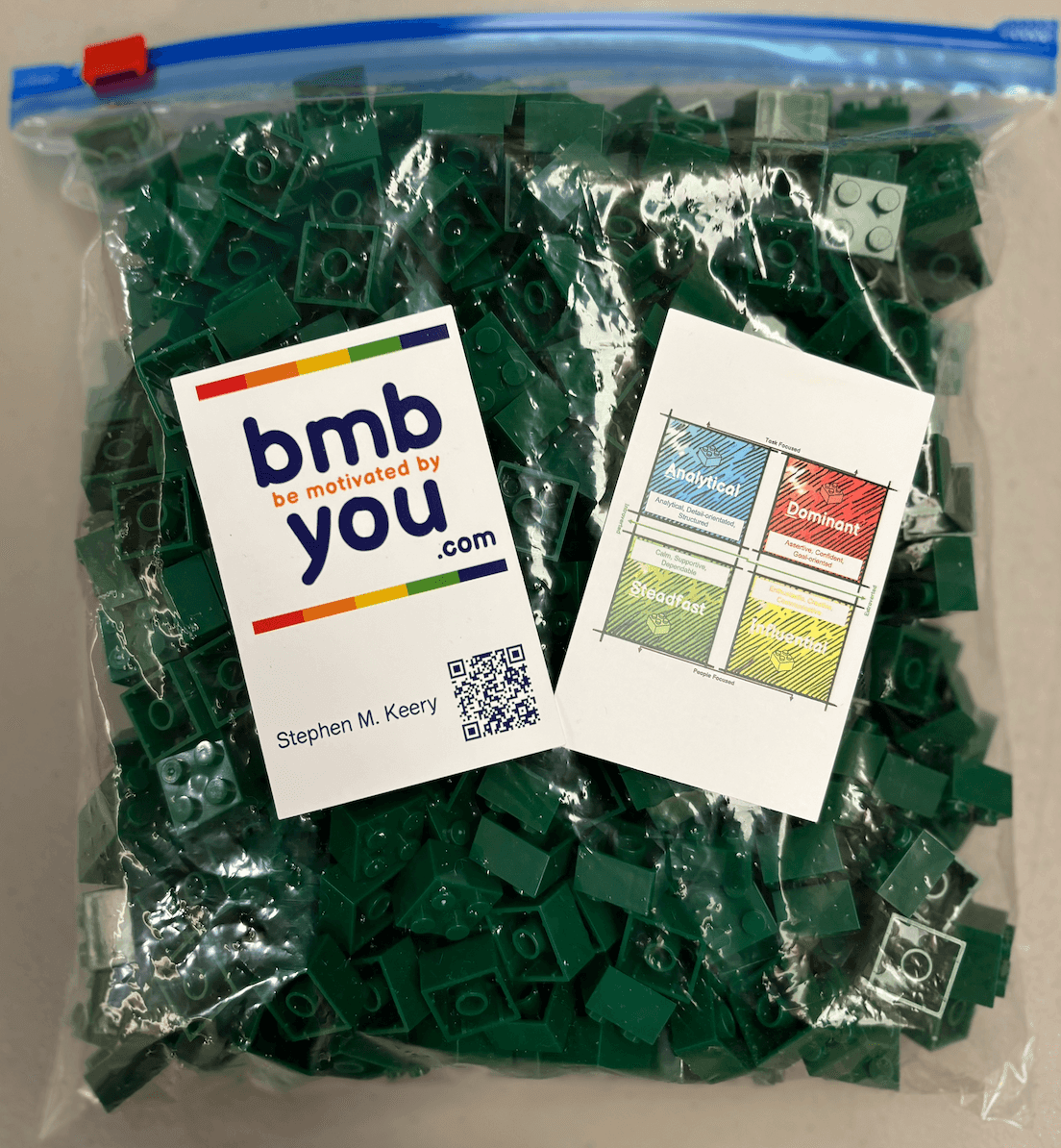 Bag of green building blocks with motivational labels and a color-coded graph.