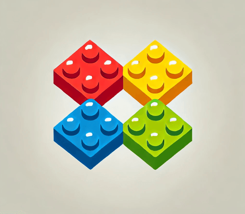 Four colorful interlocking toy bricks: red, yellow, blue, and green.