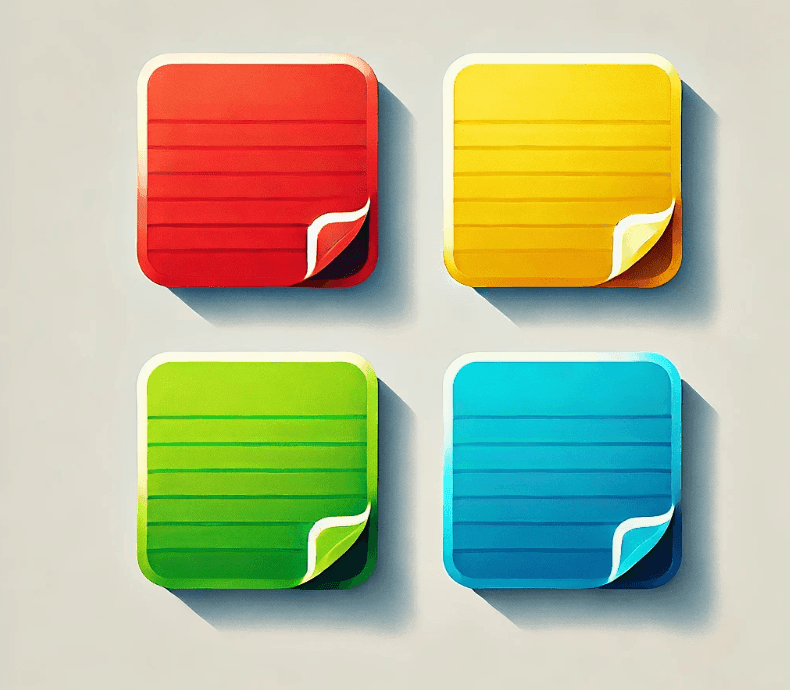 Four colorful square app icons with curled corners in red, yellow, green, and blue.