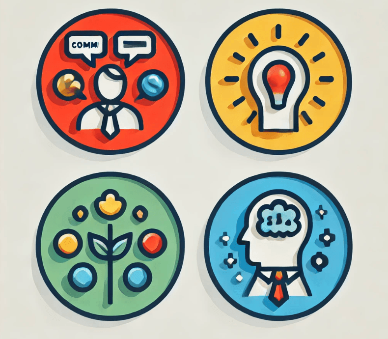 Illustration of four circular icons depicting communication, idea, growth, and thinking concepts.